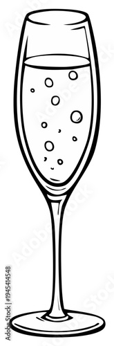 Line Drawing of a Flute Glass Filled with Bubbly Champagne or Sparkling Wine