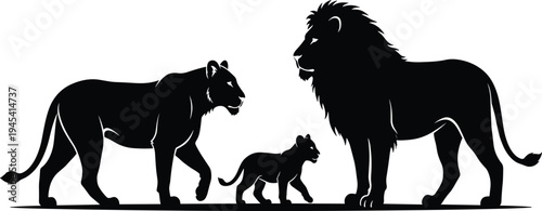 Lion family silhouette, majestic African lion, lioness and cub walking together, wildlife parenthood concept, safari predator illustration isolated black vector