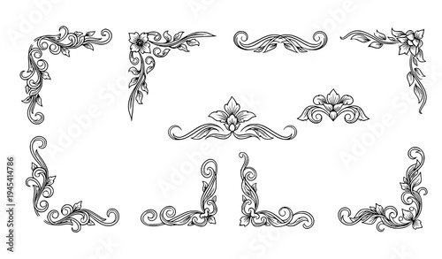 Elegant floral corner decoration collection vector with ornamental leaf scrolls