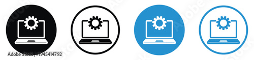 Professional icon set of a laptop with a gear or cogwheel on the screen. Represents technical support, system preferences, software configuration, and computer repair services in vector format.