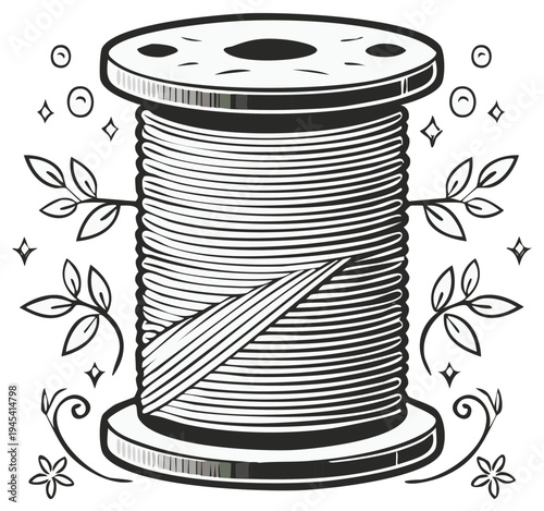 Illustration of a thread spool with leaves and stars, line art.