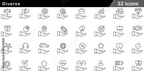 Diverse Hand Holding Icons Set Business Symbols, Technology Concepts, Professional Services and Industry Vector Graphics for Versatile Design