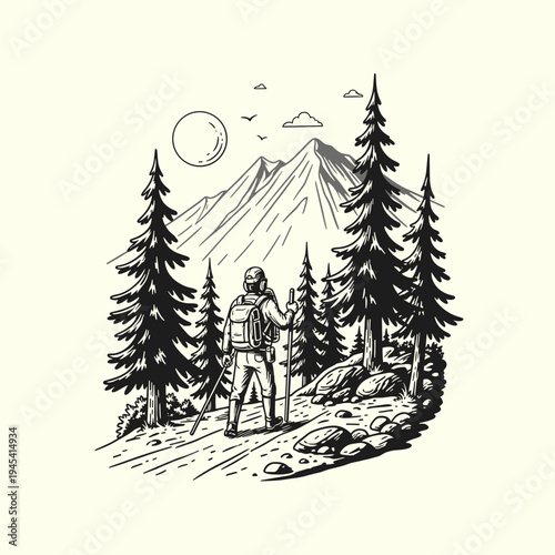 Hiker with backpack and trekking poles admiring mountain landscape.