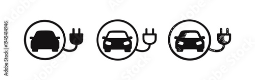 Electric Car Charging Icons Set. EV Plug and Vehicle Symbols. Sustainable Green Transport. Eco-friendly.