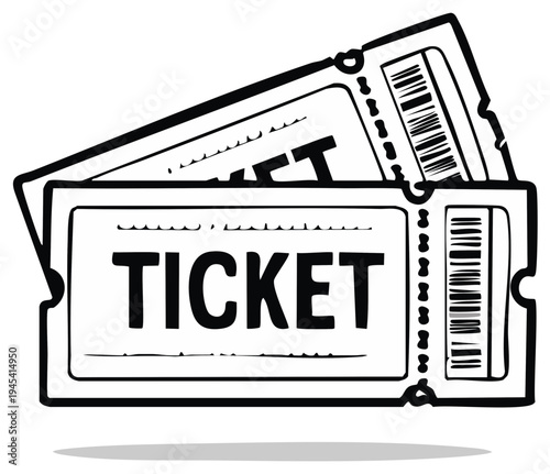 Two paper admission tickets for entry to event or show vector illustration. Blank tickets with barcode isolated on white. Lottery ticket, raffle winning.