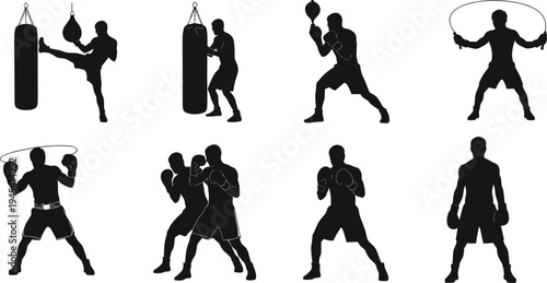 Silhouettes of boxers in various poses, including punching a heavy bag, sparring, and jumping rope, for fitness and martial arts themes