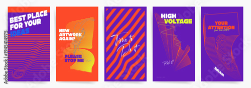 Futuristic Typographic Poster Template Set. Dynamic Abstract Vector Layouts with Stripes, Waves and Wireframe Forms
