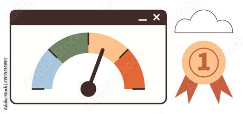 Business efficiency, success measurement, performance tracking, ranking systems, cloud technology, internet productivity. Browser window with gauge, cloud and ribbon icon. Efficiency and success