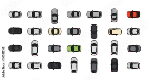 Top Down View of Various Cars Parked in a Lot.
