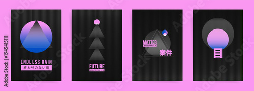 Retro Futuristic Japanese Poster Template Collection. Minimal Gradient Vector Covers with Geometric Shapes and Synthwave Mood
