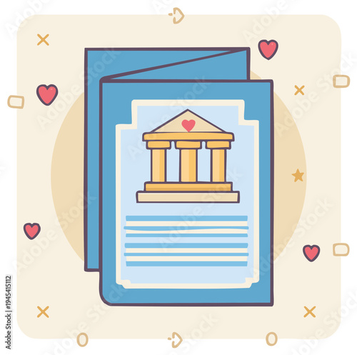 Illustrated greeting card featuring a building symbol with hearts and decorative elements