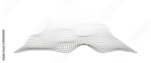Futuristic data network landscape with wireframe grid surface and flowing digital terrain