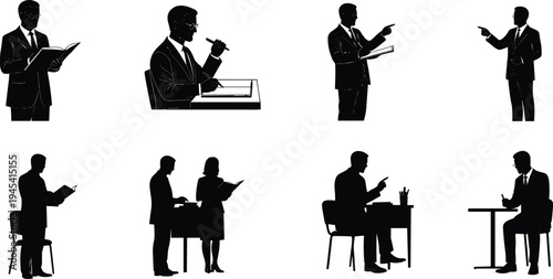 Silhouettes of business people and professionals in various actions and poses, vector illustration on white background, business professional
