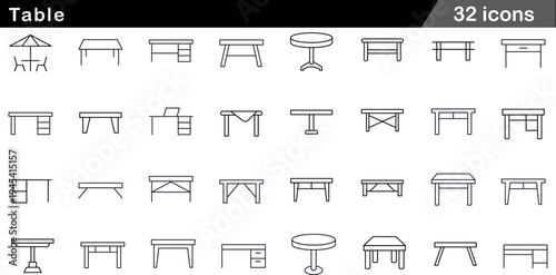 Table Thin Line Icons Set Home Dining Furniture, Office Desks, Conference Tables, Outdoor Patio Sets and Workspace Symbols for Interior Design