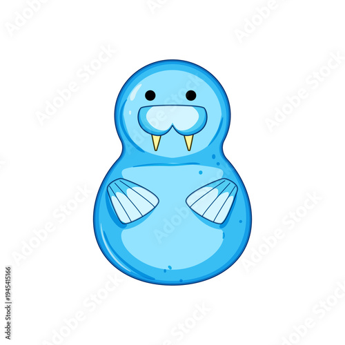 Blue walrus character presenting a friendly and cute design, ideal for children's bath time, featuring round shapes and simple details on a white background