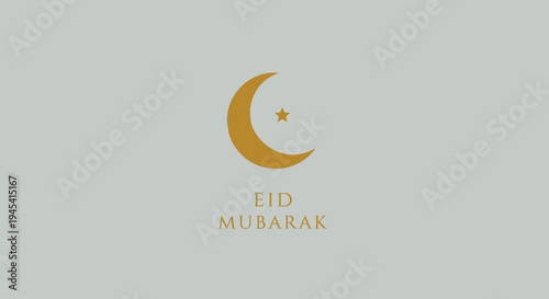 Elegant Eid Mubarak greeting card with golden crescent moon and star on a subtle gray background, symbolizing Islamic celebration.