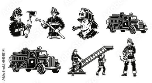 Vintage Firefighter Illustrations - A Collection of Engraved Firemen, Fire Trucks, and Rescue Equipment.