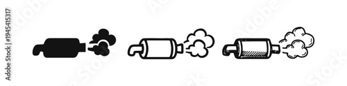 Car Exhaust Pipe Icons Set with Smoke. Muffler and Fumes Symbols. Vehicle Air Pollution. Emissions.