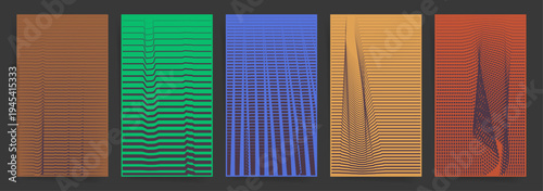 Abstract Line Distortion Poster Set. Minimal Vector Background Collection with Optical Stripes and Wavy Geometric Forms
