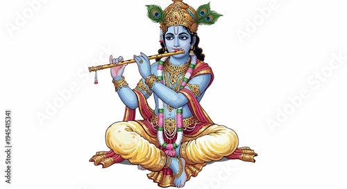 Illustration of Krishna playing a flute while sitting cross-legged with traditional Indian attire and jewelry against a plain white background.