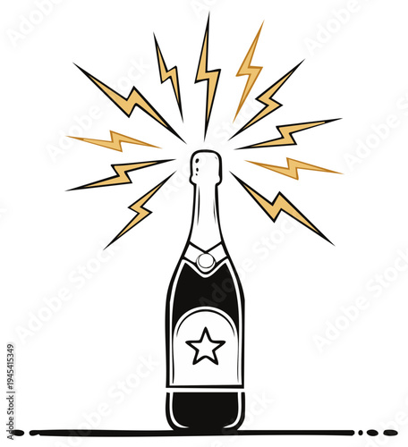 Sparkling champagne bottle illustration with lightning bolts, festive celebratory design.