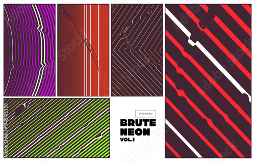 Brutalist Neon Stripe Background Collection. Abstract Vector Pattern Set with Wavy Lines, Optical Distortion and Bold Contrast
