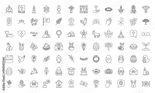 84 black and white easter line art icons with editable stroke. Religious and festive symbols including cross, jesus, bible, lamb, dove, chalice, eggs, flowers, wreath, and other minimalist elements.