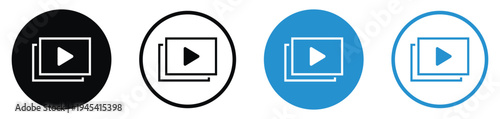 Minimalist video play button icons within a rectangular screen frame. Versatile set in blue and black for media streaming, digital content, cinema, online tutorials, and video marketing assets.