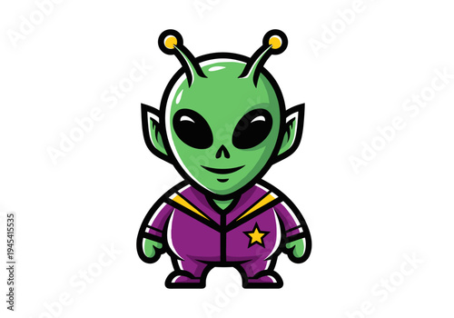 Cute Green Alien Cartoon Character in Purple Suit Illustration.