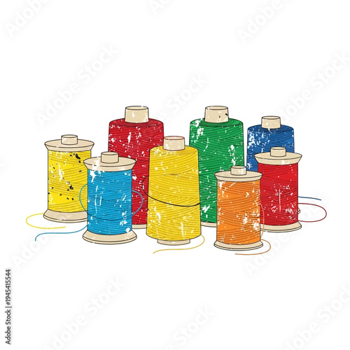 Colorful sewing thread spools, crafting supplies, vintage style
