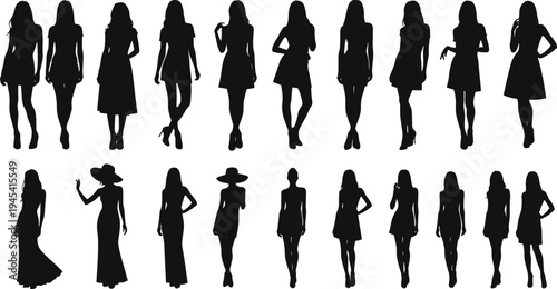 Set of beautiful women silhouettes, various poses, female figures, different dresses, fashion, elegance, vector illustration, black, isolated on white.