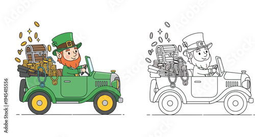 St Patrick's Day illustration of a cute leprechaun driving a vintage green car full of gold coins and a treasure chest, featuring colored and outline coloring page versions.