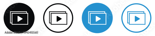 Minimalist video play button icons within a rectangular screen frame. Versatile set in blue and black for media streaming, digital content, cinema, online tutorials, and video marketing assets.