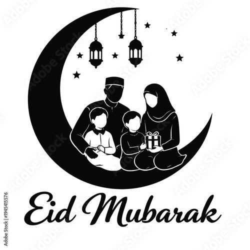 Eid mubarak greeting with a family on a crescent moon