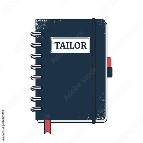 Dark blue tailor's notebook with label and ribbons