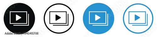 Minimalist video play button icons within a rectangular screen frame. Versatile set in blue and black for media streaming, digital content, cinema, online tutorials, and video marketing assets.
