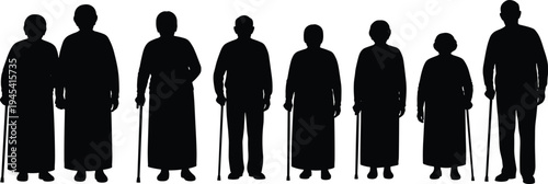 Senior citizens silhouette vector illustration set, elderly people with canes and walking sticks, representing aging, retirement, and health care