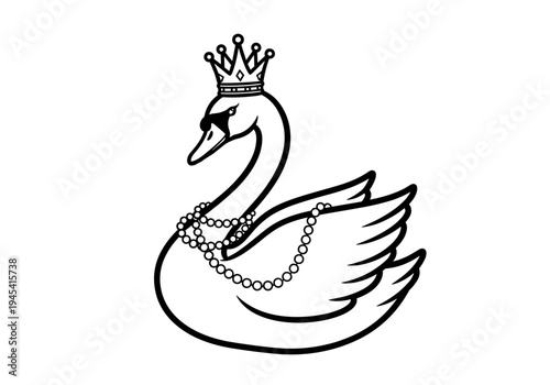 Elegant Swan Queen with Crown and Pearls Line Art.