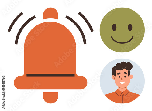 Alert systems, notifications, positive feedback, messaging apps, communication, user engagement. Vibrating bell icon, happy and smiling person. Alert systems and positive feedback concepts