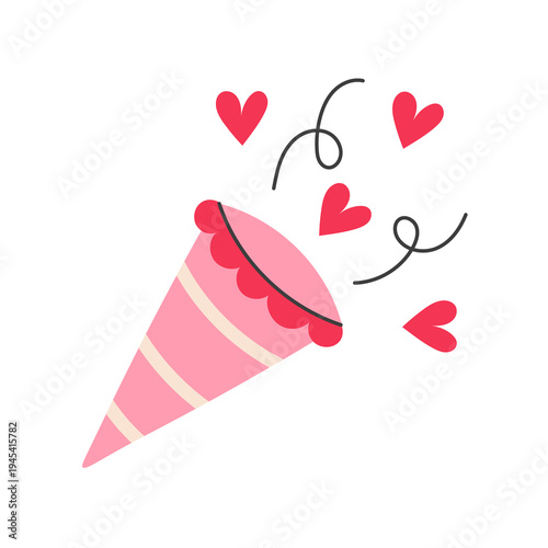 Birthday Confetti Party Popper Illustration. Festive explosion accessory with flying hearts and streamers. Decorative vector element for joyful holiday graphics and event invitations.