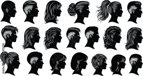 men and women hairstyle silhouettes collection, diverse head profile portraits with modern haircuts, black vector people profiles isolated