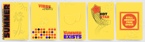 Summer Pop Art Poster Template Set. Bright Yellow Vector Covers with Typography, Beach with Palm, Cute Butt, Minimal Doodles and Playful Graphic Shapes
