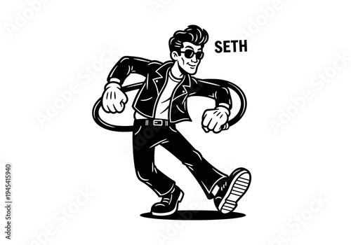 Cool retro greaser character Seth in sunglasses and leather jacket.
