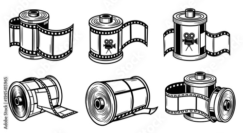 Vintage Film Rolls and Camera Icons Set.