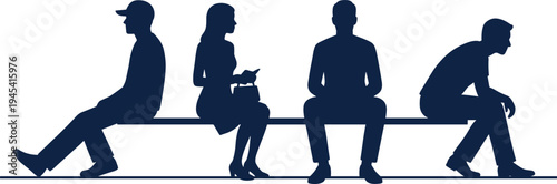 WebPeople sitting on bench silhouettes, men and woman waiting, smartphone user, sad person, social distance concept, urban lifestyle