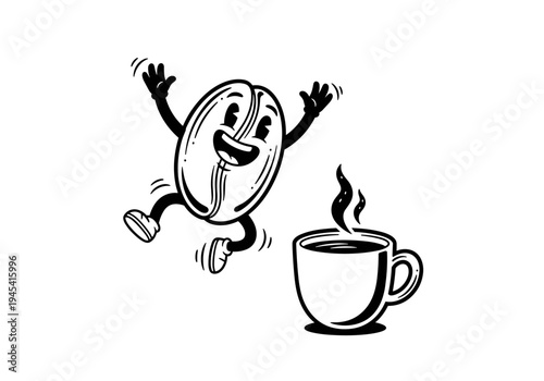 Happy Coffee Bean Character Jumping Next to a Steaming Hot Cup of Coffee.