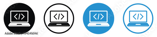 Vector set of computer monitor icons featuring a coding slash and brackets symbol. Clean, minimalist design in black and blue styles for web developers, software engineering, and IT tech.