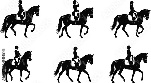 Set of diverse horse and rider silhouettes in various dressage poses and movements, showcasing equestrian sport and training, black and white