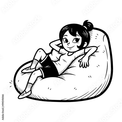 Young girl relaxing comfortably on a bean bag chair.