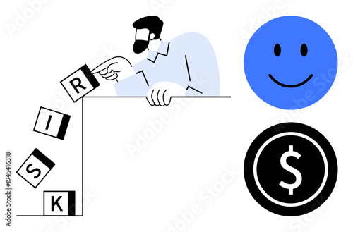 Risk management concept. Risk blocks toppling as person intervenes to stabilize. Financial symbol and happy convey success, strategy, and positivity. For finance, business, investments